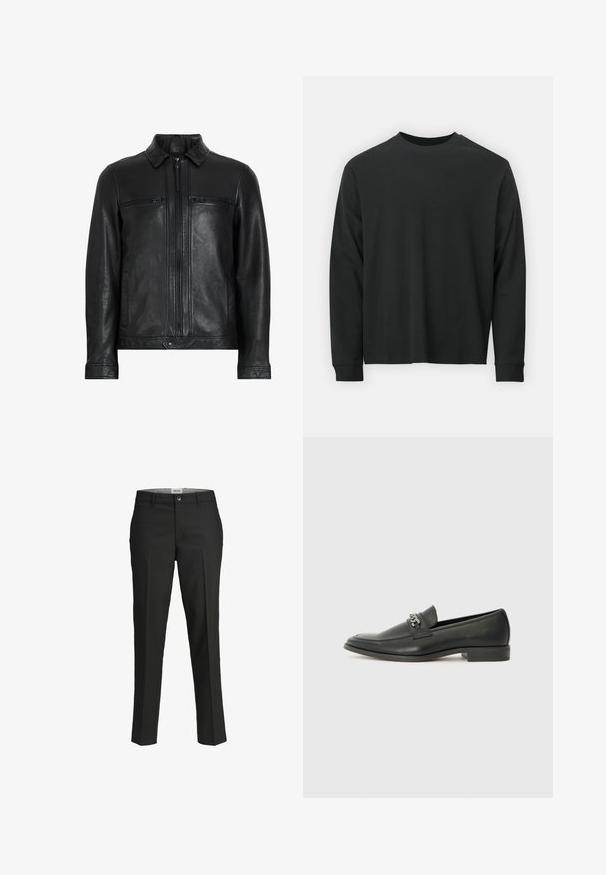 Juodas oda švarkas su apykakle, dviem užtrauktukais uždaromais krūtinės kišenėmis, šoninėmis kišenėmis ir sklandžiu, tekstūruotu paviršiumi. Pasižymi priekyje esančiu užtrauktuko uždarymu.; Ilga melsva juoda marškinėliai, pagaminti iš medvilnės, su apvaliu iškirpimu, laisvu siluetu ir ripsuota apykakle. Lygus paviršius be matomų raštų.; Juodos kelnes, pritaikytas siluetas, lygus audinys, vidutinio aukščio liemuo, priekyje su užsegimu, kampinės kišenės ir raukšlės detalės palei kojas.; Juodos odinės loafer tipo bateliai su lygiu paviršiumi, turintys siuvinėtą dizainą ir dekoratyvų metalo grandinėlės akcentą ant batų viršaus. Plokščias kulnas.