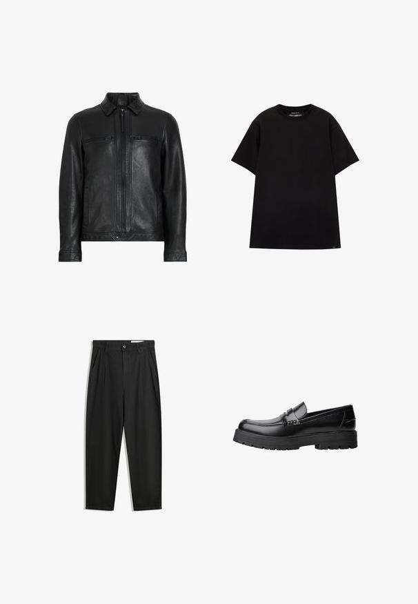 Giacca in pelle nera con colletto, due tasche superiori con zip, tasche laterali e una finitura liscia e testurizzata. Presenta una chiusura frontale con zip.; PULL&BEAR JOIN LIFE - T-shirt basic - black; Pantaloni in cotone neri con una vestibilità rilassata, dotati di una vita classica, pieghe frontali e tasche laterali. Tessuto liscio senza fantasie.; Mocassino in pelle nera con suola spessa e tassellata e fascia decorativa sulla parte superiore, mostrato in profilo sinistro su sfondo bianco.