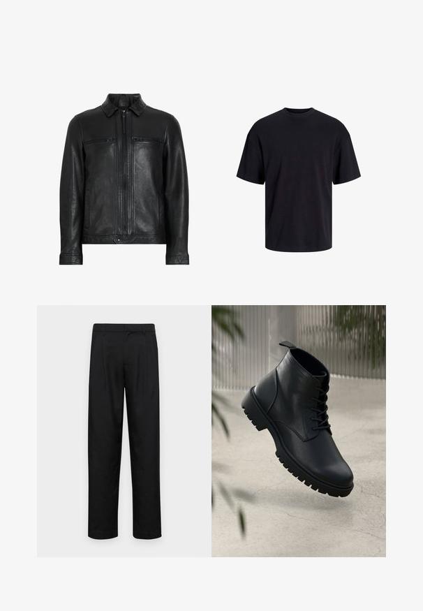 Musta nahkatakki, jossa on kauluksellinen kaula, kaksi vetoketjullista rintataskua, sivutaskut ja sileä, teksturoitu pinta. Varustettu etuvetoketjukiinnityksellä.; Musta puuvillapaita, jossa on pyöreä kaula-aukko, lyhyet hihat ja rento muotoilu. Yksinkertainen ja sileä pinta, ilman näkyviä kuvioita tai koristeita.; Mustat housut, jotka on valmistettu sileästä kankaasta, suoran lahkeen muotoilulla, kahdella etupleekillä ja tavanomaisella vyötäröllä, jossa on vyölenkit.; Mustat nahka nilkkurit, joissa on pyöreä kärki, nauhakiinnitys ja kova kumipohja. Sujuva pinta, jossa on vetoketju takana.