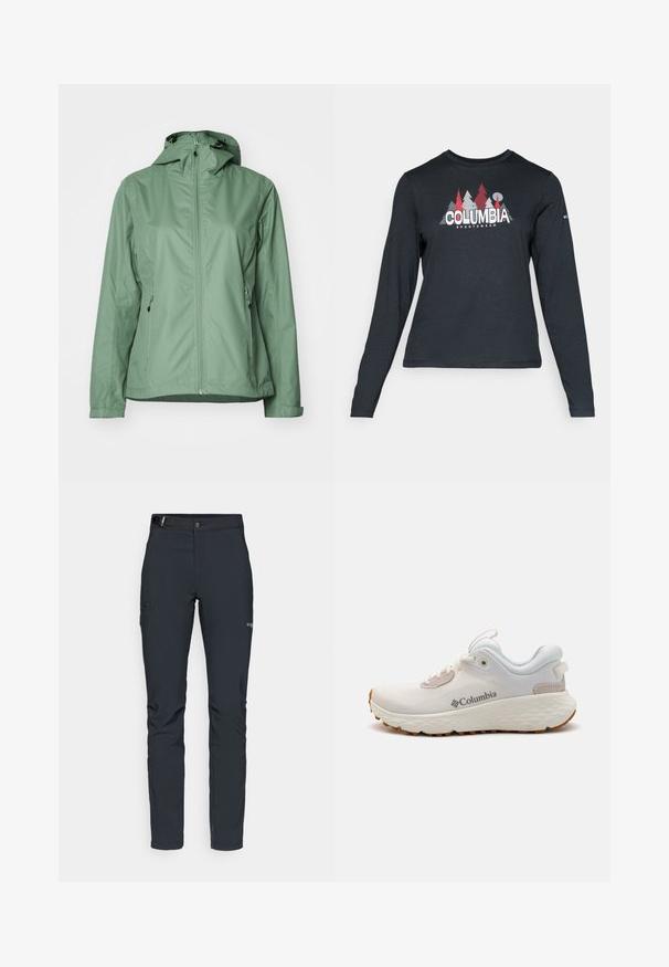 Vodoodporna, lahka jakna v svetlo zeleni barvi. Ima celotno sprednje zadrgo, dva žepa z zadrgo na straneh in nastavljiv kapuco.; Majica z dolgimi rokavi temno siva z grafiko rdečih dreves in gora; logotip "COLUMBIA" v krepki beli barvi. Mehka tkanina, standarden krojen ovratnik.; Moške zunanje hlače, temno siva, izdelane iz fleksibilnega materiala, z pasom, žepom na zadrgo in ojačanim šivanjem.; Lahka športna obutev Columbia v beli mreži z teksturiranim sivim podplatom in gumijastim oprijemom. Ima podloženi ovratnik in vezalni dizajn.