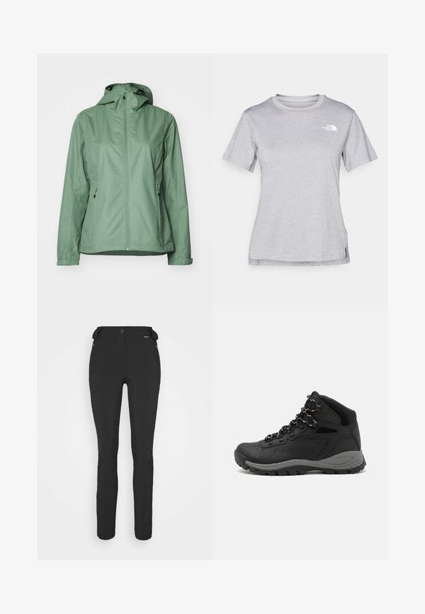Nepremokavá, ľahká bunda v jemne zelenej farbe. Obsahuje plný predný zips, dve bočné vrecká na zips a nastaviteľnú kapucňu.; Sivý tričko s krátkym rukávom vyrobené z jemného, vlhkosť odvádzajúceho materiálu. Obsahuje okrúhly výstrih a malé biele logo na hornej ľavej strane.; Čierne, priliehavé nohavice vyrobené z flexibilného materiálu. Medzi vlastnosti patrí zipsová bočná vrecko, tvarované kolená a hladký povrch.; Čierna turistická obuv s polovičným strihom, s textúrovaným zvrškom, šedými akcentmi a odolnou gumovou podrážkou s protišmykovými hrebienkami.