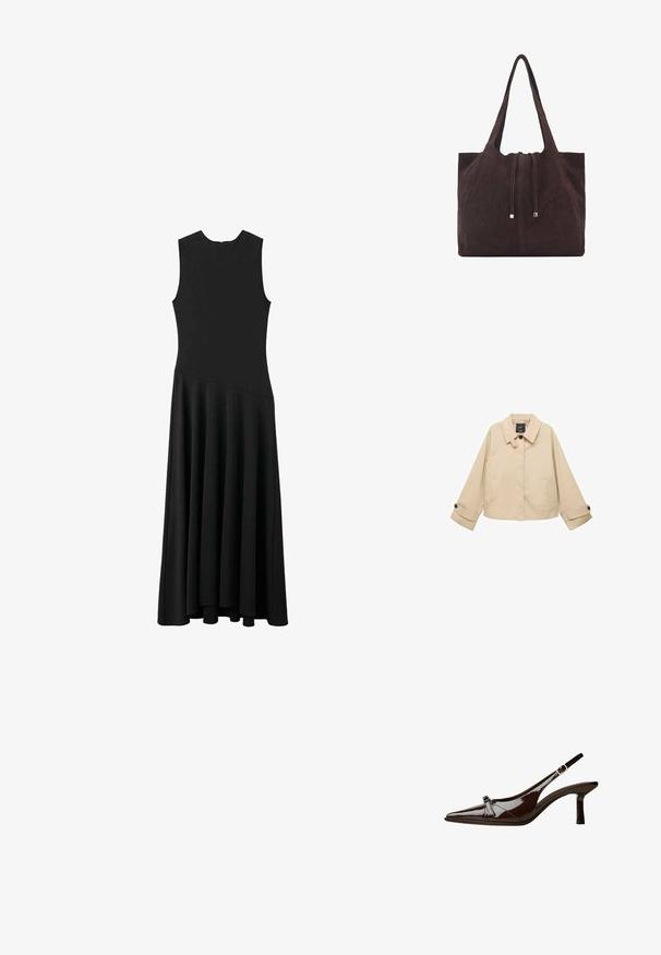 Beige kort jacka med rund krage, två framfickor och knäppta ärmar. Tillverkad av ett smidigt, lätt tyg.; Svart ärmlös maxiklänning med snygg passform och utställd kjol, med en mjuk textur och minimalistisk design, inga synliga knäppningar.; Brun lackläder slingback-sko med spetsig tå, låg klack och en dekorerande rosett på framsidan. Slät, glansig yta.; Mango Shoppingväska - dark brown