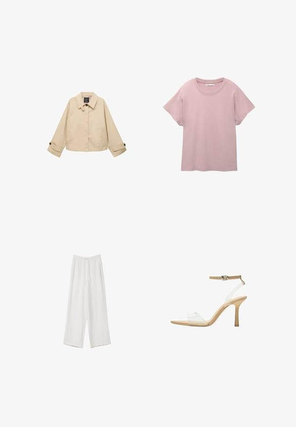 Béžová skrátená bunda s okrúhlym golierom, dvoma prednými vreckami a zapínaním na manžetách. Vyrobená z hladkej, ľahkej tkaniny.; Světle růžové tričko s krátkým rukávem vyrobené z hladké bavlny. Má kulatý výstřih a uvolněný střih s rovně střiženým lemem.; Biele široké nohavice vyrobené z ľahkej tkaniny. Obsahujú elastický pás so sťahovacou šnúrkou a bočné vrecká. Hladká textúra.; Priehľadné sandále na vysokom podpätku s transparentným zvrškom, béžovou stielkou a štíhlym remienkom na členku. Majú špicatú špičku a tenký vysoký podpätok.