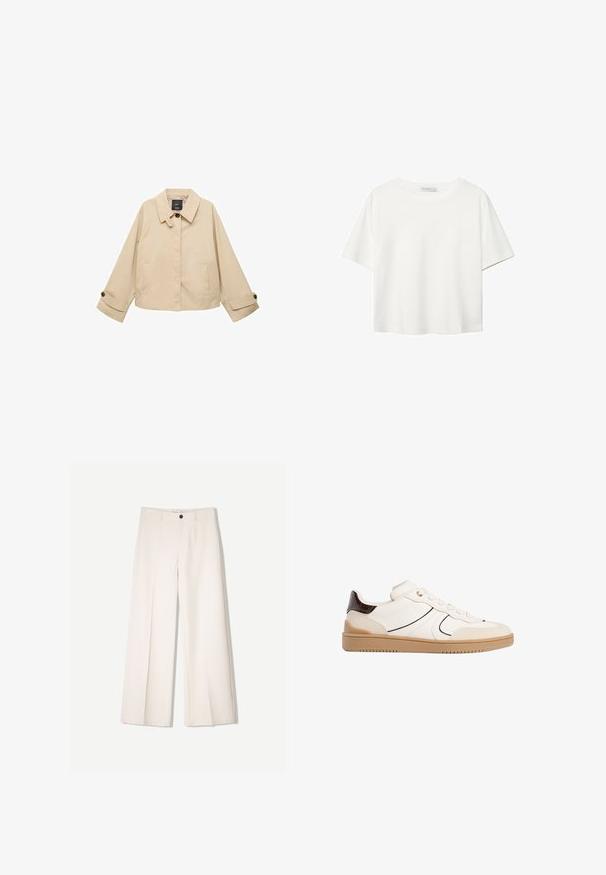 Béžová zkrácená bunda s zaobleným límcem, dvěma předními kapsami a zapínáním na knoflíky na rukávech. Vyrobena z hladkého, lehkého materiálu.; Bílý krátký rukáv tričko vyrobené z bavlny. Má kulatý výstřih a volný střih. Hladký materiál bez viditelných vzorů nebo akcentů.; Krémové široké kalhoty s tailored designem, které mají dvě přední kapsy a jedno zapínání na knoflík vpředu, vyrobené z hladkého materiálu.; Stradivarius Tenisky - white