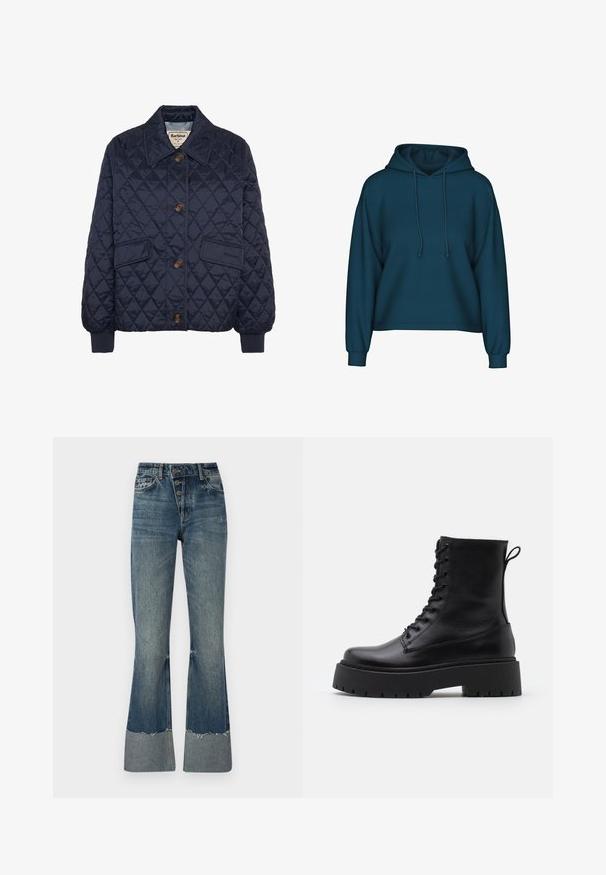 Navy quilted jacket made from synthetic material. Features a large collar, three buttons, two front pockets, and ribbed cuffs.; Teal pullover hoodie with a drawstring hood, long sleeves, and ribbed cuffs. Made of soft fabric with a relaxed fit.; Denim flared jeans in medium blue with a high waist, five buttons, and frayed hem. Features a lighter cuff at the bottom and faded texture.; Black leather ankle boots with a round toe, lace-up front, and a thick rubber sole featuring a textured tread. Pull tab at the back.