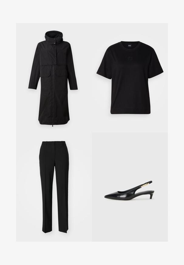 Černý deštík s vysokým límcem, zapínáním na zip vpředu a dvěma velkými předními kapsami. Vyrobeno z hladkého, voděodolného materiálu. Dlouhé provedení.; Černé bavlněné tričko s kulatým výstřihem, krátkými rukávy a vyšitým logem na hrudi. Jednoduchý, volný střih bez vzorů.; Černé kalhoty na míru se střihem do rovna, které mají hladkou texturu a ostré sklady na přední straně. Bez viditelného kování.; Černé kožené boty na podpatku s otevřenou patou a špičatou špičkou, s tenkým podpatkem a zlatým akcentem na nastavitelném pásku. Hladký povrch.