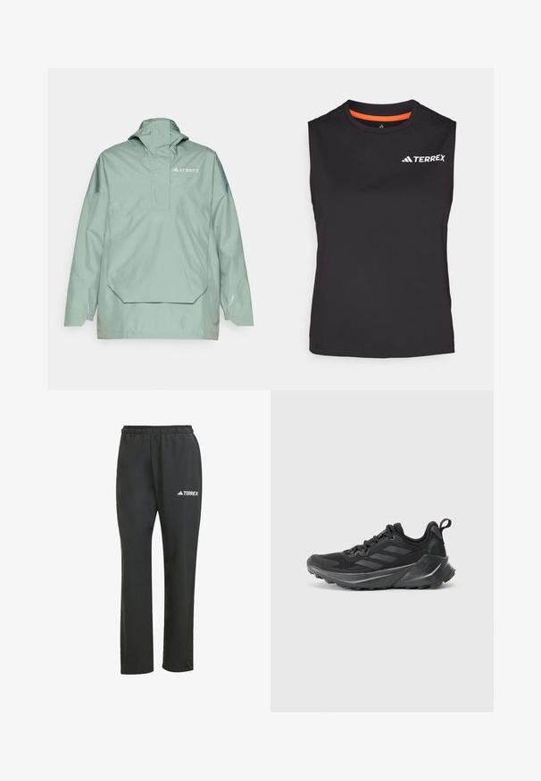 Giacca impermeabile verde chiaro con cappuccio, tasca frontale e polsini regolabili. Logo stampato sul lato sinistro superiore.; Maglietta atletica nera senza maniche realizzata in tessuto traspirante. Presenta un accento arancione sul colletto e il logo "TERREX" stampato in bianco.; Pantaloni leggeri neri con elastico in vita. Presentano un discreto logo "TERREX" in bianco. Tessuto morbido e design a gamba dritta.; Scarpe da ginnastica nere con una parte superiore in tessuto testurizzato, design a tre strisce prominenti in grigio, suola intermedia ammortizzata e suola robusta.