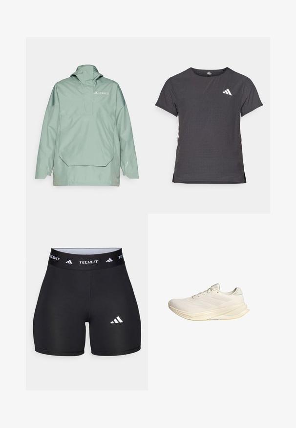 Casaco impermeável verde claro com capuz, bolso frontal tipo bolsa e punhos ajustáveis. Logótipo impresso no lado superior esquerdo.; T-shirt atlético de mangas curtas, cinza escuro com textura perfurada. Apresenta um logo branco e riscas laterais contrastantes. Decote arredondado.; Calções pretos feitos de um tecido elástico com um design ajustado. Apresentam uma ampla faixa na cintura preta rotulada como "TECHFIT" e um logótipo branco na perna.; Sapatilha desportiva bege claro com parte superior em malha, atacadores planos e sola acolchoada. Apresenta um design de três riscas no lado lateral.