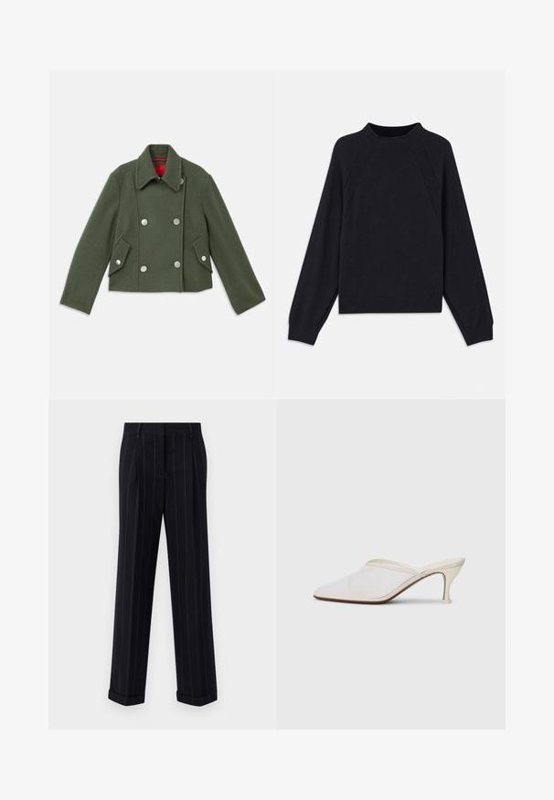 Doppelt gefütterte Jacke aus dunkelgrünem Wollmix mit silbernen runden Knöpfen, Reverskragen und zwei schrägen Fronttaschen. Rote Innenfutterdetails.; Dunkelblauer Pullover mit rundem Ausschnitt, langen Raglanärmeln, gerippten Bündchen und geradem Saum. Hergestellt aus einem weichen, strukturierten Strickmaterial.; Schwarz gestreifte Hose mit tailliertem Schnitt, mit einem umgeschlagenen Saum und vorderen Falten. Hergestellt aus glattem Stoff mit einer strukturierten Gestaltung.; Weiße Mesh-Pantoletten mit spitzer Zehenform, schlankem Mittelabsatz und Slip-On-Design vor einem schlichten Hintergrund.