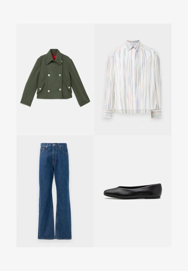 Dvojni plašč iz temno zelene mešanice volne s srebrnimi okroglimi gumbi, zareznim ovratnikom in dvema nagnjenima sprednjima žepoma. Rdeča podloga.; Prugasta srajca z gumbniki z belo podlago, ki vključuje ozke večbarvne črte v modri, oranžni in zeleni barvi. Dolgi rokavi in klasičen ovratnik.; Modre flared jeans iz denima z visokim pasom, opremljene s petimi žepi, srebrnim gumbom za zapiranje in vidnimi šivi.; Paul Smith TOPANGA - Balerinke - black