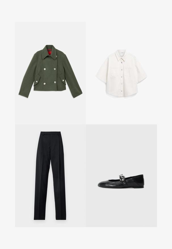 Giacca doppiopetto in misto lana verde scuro con bottoni rotondi argentati, colletto a ribella e due tasche frontali inclinate. Dettaglio di fodera rossa.; Camicia bianca a maniche corte, realizzata in cotone, presenta una chiusura con bottoni, due tasche sul petto e un colletto strutturato.; Pantaloni neri realizzati in tessuto morbido, caratterizzati da vita alta, gambe larghe, pince frontali e classiche passanti per cintura. Non ci sono tasche laterali visibili.; Ballerine in pelle nera con punta appuntita, dotate di una fascia con una fibbia metallica circolare e suola piatta.