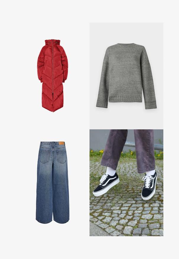 Ilgas raudonas pūstas paltas su kapišonu, turintis priekinį užtrauktuką, chevrono formos siuvimą ir elastingas rankogalis. Pagamintas iš blizgios, izoliuotos medžiagos.; Pilkas megztinis su apvalia iškirpte, nuleistais pečiais ir raukiniais ant rankovių bei apačios. Lygi tekstūra, vienodai spalva ir minimalus detalizavimas.; Plačios džinsinės kulotės vidutinio mėlyno skalbimo su išblukusia tekstūra, turinčios dvi užpakalines kišenes ir rudą odinę prekinę etiketę ant juosmens.; Juoda zomšiniai sportbačiai su baltais akcentais, suapvalintu pirštu, storu baltu padu ir klasikinis raištelių dizainas, užsidėti su baltomis kojinėmis ir purpurinėmis kelnėmis.