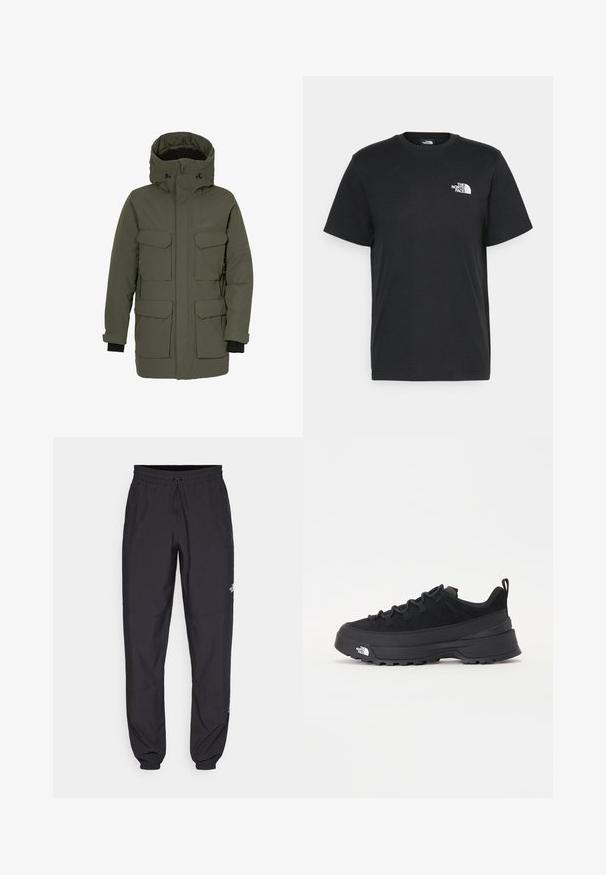 Parka jacket in dark green, featuring a waterproof outer, multiple front pockets, an adjustable hood, and elastic cuffs for insulation.; Black cotton t-shirt with short sleeves, crew neck, and a small white logo on the left chest. Simple design, smooth texture, and relaxed fit.; Black athletic pants made from lightweight fabric, featuring a drawstring waistband, side pockets, and tapered cuffs at the ankles.; Black outdoor sneaker with a suede upper, textured rubber sole, and sturdy lacing system. Features a reinforced heel and brand logo on the side.