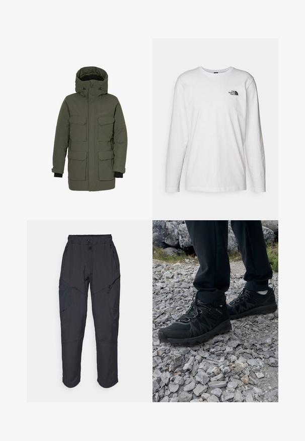 Kurtka parka w ciemnozielonym kolorze, z wodoodpornym materiałem zewnętrznym, wieloma kieszeniami z przodu, regulowanym kapturem oraz elastycznymi mankietami dla lepszej izolacji.; Biała koszulka z długim rękawem wykonana z bawełny, z okrągłym dekoltem. Posiada małe czarne logo na piersi. Gładka faktura, regularny krój.; Czarne spodnie cargo wykonane z lekkiego, wodoodpornego materiału; posiadają elastyczny pas, liczne kieszenie zapinane na zamek oraz zwężane nogawki.; Czarne buty outdoorowe wykonane z siateczki i materiału syntetycznego, z fakturowaną cholewką, zabezpieczonym systemem sznurowania i solidną podeszwą, na skalistym terenie.