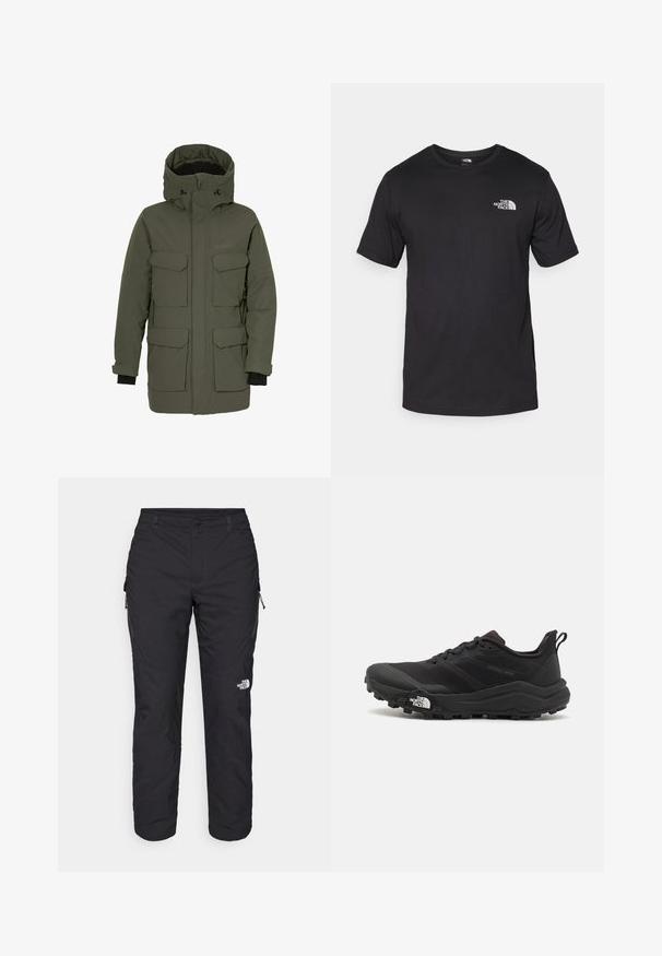 Parka jakna v temno zeleni barvi, s vodoodporno zunanjo plastjo, več žepi spredaj, nastavljivo kapuco in elastičnimi manšetami za izolacijo.; Črna kratko sleeved majica iz bombaža, s krožnim izrezom in majhnim belim logotipom na zgornjem levem delu prsnega koša.; The North Face WINTER EXPLORATION TAPERED CARGO - Hlače za na prostem - black; Črne tekaške čevlje za trail s teksturirano zgornjega dela, gumijastim podplatom in ojačanim zaključkom prstov. Vključuje oblazinjen ovratnik in zanko za enostavno obuvanje.