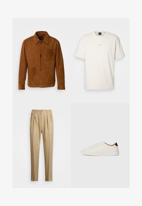 Bruine suède jas met een kraag, sluiting met knopen aan de voorkant, twee voorzakken en een gladde textuur. Minimalistisch ontwerp, casual pasvorm.; BOSS TEE - T-shirt basic - open white; Beige linnen broek met een rechte snit, voorzien van twee voorplooien, een knoopsluiting en zijzakken. Gestructureerde stof met een gladde afwerking.; Witte sneaker met een gladleren bovenkant, ronde neus en platte zool. Zwarte accenten bij de hiel, voorzien van tonale veters en minimale branding.