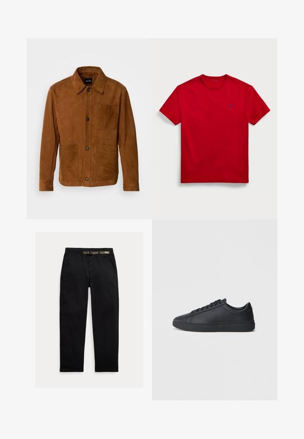 Brun mockaskinnjacka med krage, knäppning fram, två framfickor och en mjuk yta. Minimalistisk design, avslappnad passform.; Röd bomulls-t-shirt med rundad halsringning, korta ärmar och en liten blå broderad logotyp på vänster bröst. Platt, slät textur.; Svarta byxor tillverkade av lättviktigt tyg, med en elastisk midja och ett integrerat grönt bälte, rakt ben och sidofickor.; Svarta sneakers i slätt läder med låg design, rund tå och platt gummisula. Har snörning och subtil branding.