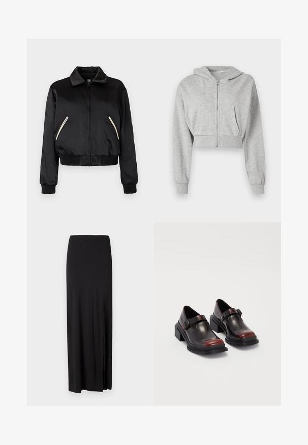 Svart sateng bomberjakke med ribbestrikket kant, som har to sidelommer med kontrasterende hvite glidelåser og en klassisk kragedesign.; Grå cropped hettegenser laget av myk stoff, med glidelås foran, lange ermer og to frontlommer. Jevn tekstur, justerbar hette.; To skjortetopper uten ermer: en lys blå og en svart. Begge er laget av ribbestrikket stoff med rund hals. Designet er tettsittende, uten synlige mønstre eller detaljer.; Svart maxiskjørt laget av mykt, elastisk materiale. Har en sidesplit og et enkelt, strømlinjeformet design uten dekorasjoner.; Lærblokkhælede sko med en blank mørk burgunderfinish, med en spærrerem og rund tådesign. Teksturert yttersåle for grep.