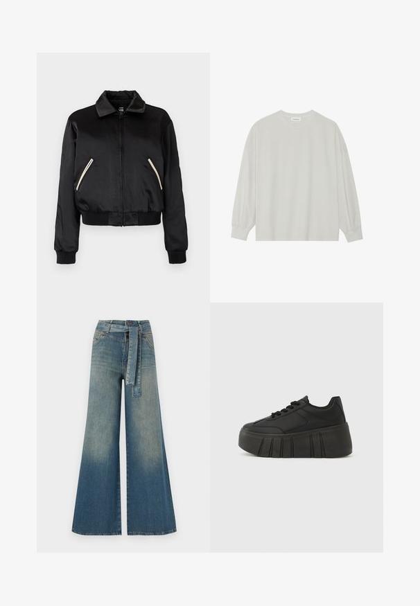 Black satin bomber jacket with a ribbed hem, featuring two side pockets with contrasting white zippers and a classic collar design.; Light gray long-sleeve t-shirt made of soft cotton. Features a loose fit, round neckline, and gently gathered cuffs. No patterns or graphics.; Wide-leg denim trousers featuring a light to dark blue gradient, high waist, belt loops, and a matching fabric belt. Textured denim finish.; Black platform sneakers with a smooth synthetic upper, rounded toe, lace-up design, and a thick, ridged sole for added height.