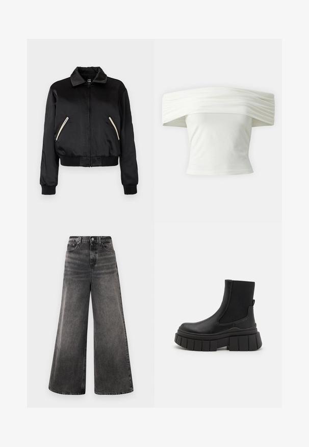 Čierna saténová bomber bunda s rebrovaným lemom, ktorá má dve bočné vrecká s kontrastnými bielymi zipsami a klasickým dizajnom goliera.; Biely top bez ramienok s prešívaným, strukturovaným dekoltom a priliehavým telom. Vyrobený z mäkkej látky s hladkou textúrou.; Džínsy s širokými nohavicami z čierneho denimu s vyblednutým umývaním, dizajnom so piatimi vreckami a gombíkovým zapínaním na páse, s prešitými detailmi.; Čierne členkové topánky vyrobené z hladkej kože s elastickými bočnými panelmi, hrubou platformou a textúrovaným vzorom na podrážke.