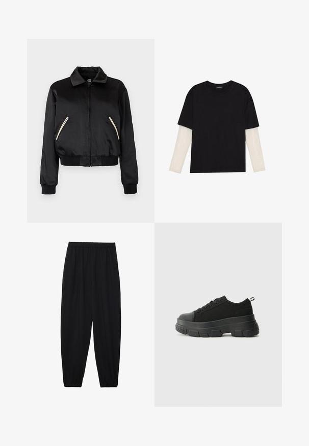 Black satin bomber jacket with a ribbed hem, featuring two side pockets with contrasting white zippers and a classic collar design.; Black T-shirt made of cotton, featuring short sleeves over a white long-sleeve layer with a subtle textured pattern. Crew neckline design.; Black, lightweight pants with an elastic waistband and gathered ankles. The fabric is smooth and features a relaxed, tapered design.; Black sneakers with a chunky rubber sole, textured fabric upper, round toe, and lace-up design. Features reinforced eyelets and back pull tab.