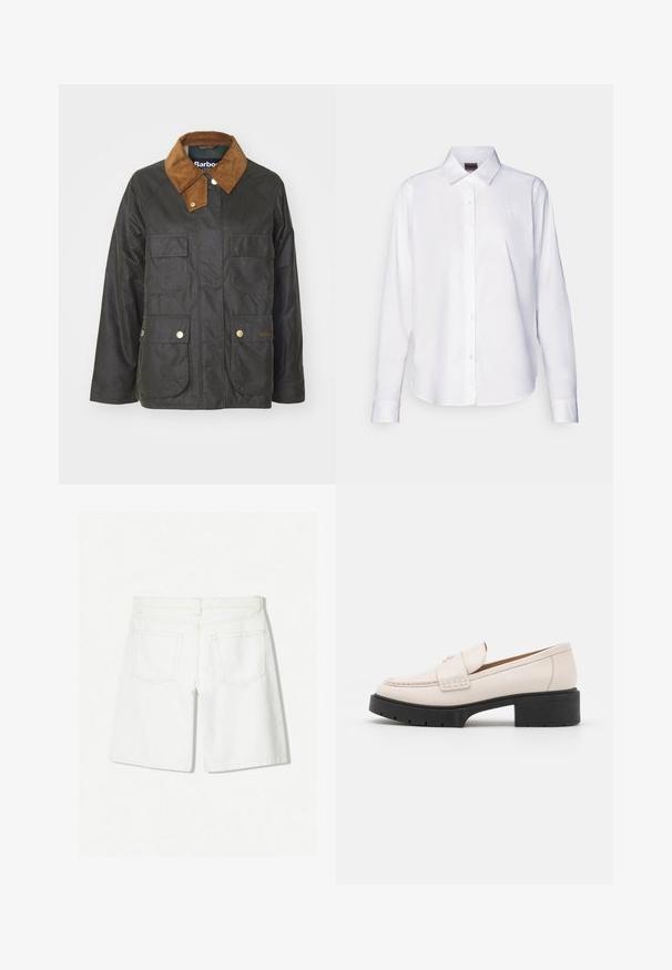 Barbour RUTH JACKET - Jachetă subțire - archive olive; Cămașă albă cu mânecă lungă, cu nasturi, fabricată din bumbac. Prezintă un guler clasic și un broderie subtilă cu marcă pe piept. Textură netedă.; Dungi din denim alb cu un design drept, având o talie înaltă, două buzunare la spate și detalii subtile de cusătură.; Loaferi din piele bej deschis, cu vârf cusut și cu o talpă platformă texturată de culoare neagră. Caracterizată printr-un design curbat și o ușoară ridicare.