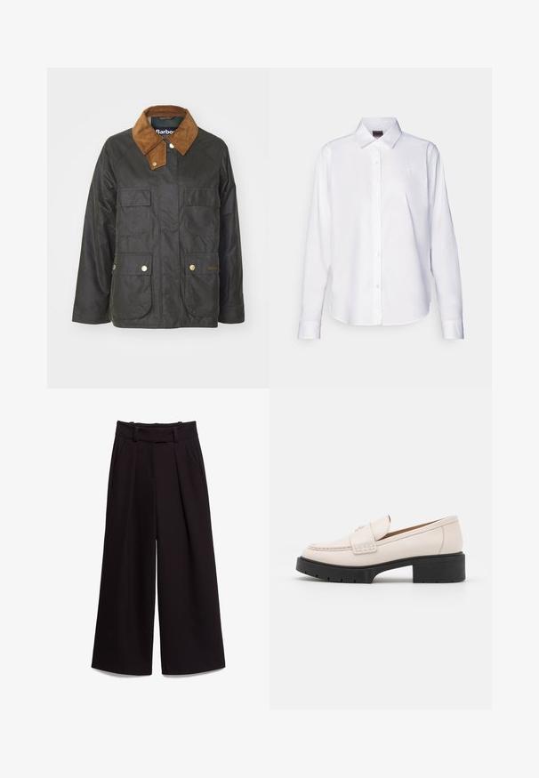 Barbour RUTH JACKET - Ελαφρύ μπουφάν - archive olive; Λευκό πουκάμισο με μακριά μανίκια, φτιαγμένο από βαμβάκι. Διαθέτει κλασικό γιακά και διακριτική κεντημένη επωνυμία στο στήθος. Απαλή υφή.; Μαύρο παντελόνι με φαρδιά πόδια από λείο ύφασμα, με ψηλή μέση, θηλιές ζώνης και δύο μπροστινές τσέπες. Ο πτυχωτός σχεδιασμός προσθέτει υφή.; Ανοιχτό μπεζ δερμάτινες λόφερ με ραμμένη μπροστινή πλευρά και υφασμένο μαύρο τακούνι. Διαθέτουν καμπυλωτό σχέδιο και ελαφριά ανύψωση.