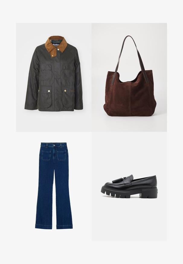 Barbour RUTH JACKET - Veste mi-saison - archive olive; Haut noir à manches longues en tissu doux et extensible. Il présente un col rond et une coupe ajustée avec une texture lisse et sans motifs visibles.; Jean flare en denim bleu foncé avec une texture lisse, design à cinq poches et fermeture à bouton à la taille.; Stuart Weitzman NOLITA TASSEL LOAFER - Escarpins à plateforme - black; Sac fourre-tout en daim marron avec deux anses en cuir noir. Texture douce, haut arrondi et un intérieur spacieux. Aucun matériel ou embellissement visible.