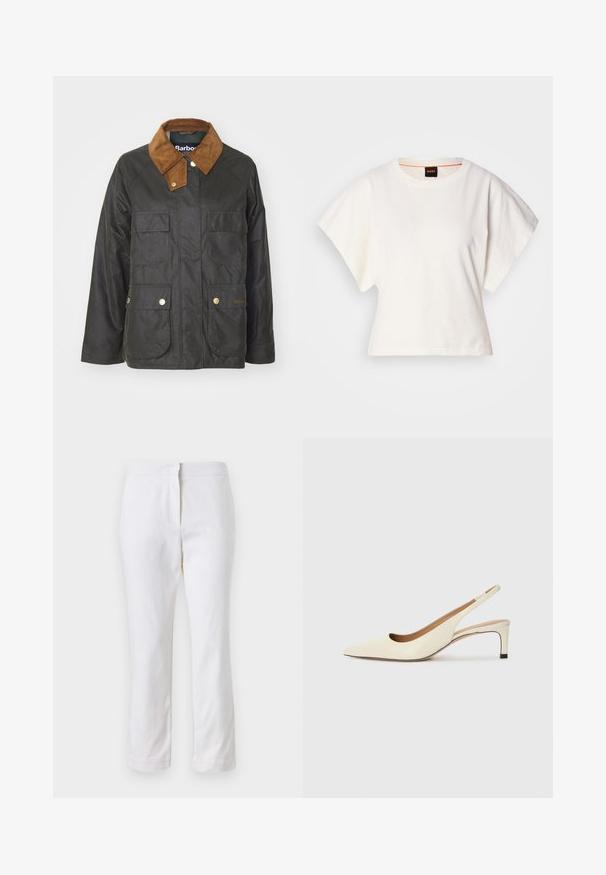 Barbour RUTH JACKET - Light jacket - archive olive; White cropped T-shirt, short wide sleeves, soft cotton material, round neckline with subtle orange trim, minimal design, no patterns or graphics.; White cotton pants with a straight leg design, featuring a mid-rise waist and no visible hardware or patterns. Smooth texture throughout.; Pointed-toe slingback shoe in off-white leather, featuring a low heel and cut-out design with a smooth texture and minimal accents.