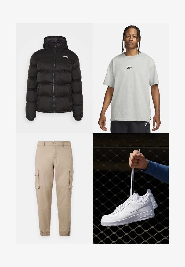 Schott UTAH - Giacca invernale - black; Giovane con capelli intrecciati che indossa una maglietta Nike grigia chiara e pantaloni Nike neri su uno sfondo bianco semplice.; Pantaloni cargo beige in un leggero cotone. Presentano polsini elasticizzati, molteplici tasche laterali e una chiusura con bottone.; Sneakers in pelle bianca con perforazioni, punta rotonda, suola piatta e lacci spessi, con logo swoosh visibile e "AIR" sul tallone.