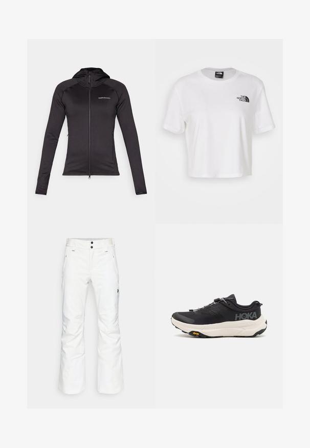 Peak Performance FLO CHILL LIGHT ZIP - Giacca in pile - black; T-shirt bianco cropped in cotone con scollo rotondo e maniche corte. Presenta un logo nero sul lato sinistro del petto.; Pantaloni da neve bianchi con un design a gamba dritta, due tasche frontali e due chiusure con bottoni neri. Tessuto testurizzato con dettaglio di branding nero.; Scarpe da ginnastica nere con tomaia in mesh traspirante, suola in gomma, intersuola bianca ammortizzante e lacci riflettenti. Logo Vibram sulla suola.
