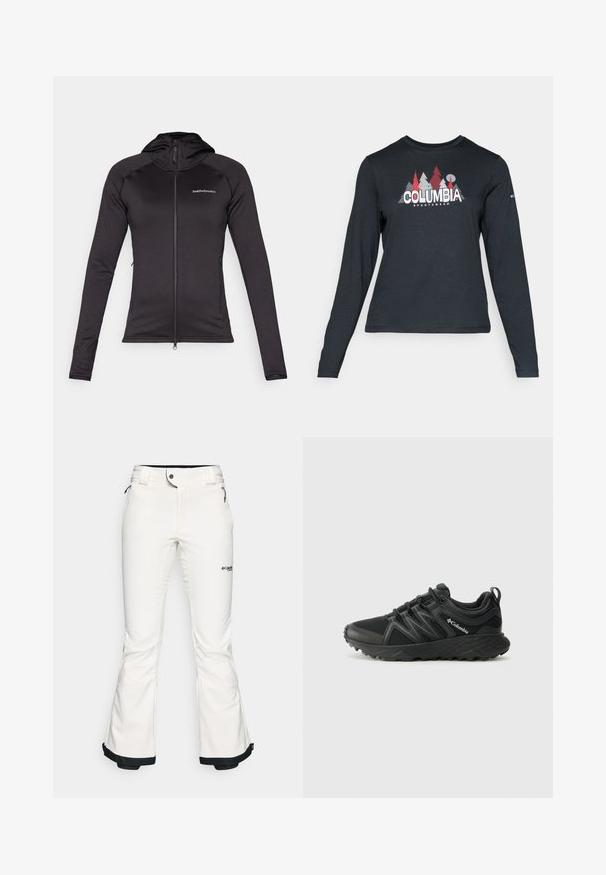 Peak Performance FLO CHILL LIGHT ZIP - Jakna iz flisa - black; Majica z dolgimi rokavi temno siva z grafiko rdečih dreves in gora; logotip "COLUMBIA" v krepki beli barvi. Mehka tkanina, standarden krojen ovratnik.; Bele smučarske hlače iz mehkega, fleksibilnega materiala. Imajo prilegajoč pas, široke razširjene noge in črno obrobo na koncih. Vidno je blagovno znamenje.; Columbia PEAKFREAK - Pohodniški čevlji - black
