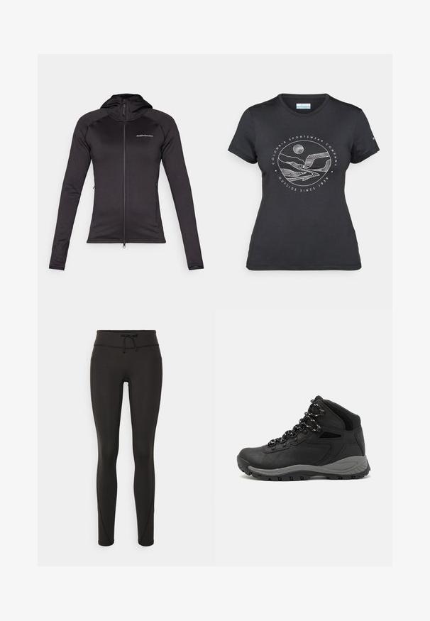 Peak Performance FLO CHILL LIGHT ZIP - Flisinė striukė - black; Juodas "Columbia" marškinėliai su balta apskrita kalnų ir upės linijų grafika bei tekstu "Columbia Sportswear Company Lauke nuo 1938 metų."; Juodi leggingai su aukšta juosmeniu, raišteliu, lygiu paviršiumi ir prigludusia forma. Yra siuvimo detalės šonuose.; Juodas žygio botas su vidutinio aukščio dizainu, pasižymintis tekstūruota viršutine dalimi, pilkų akcentų ir patvaria guma padanga su sukibimo gumbais.