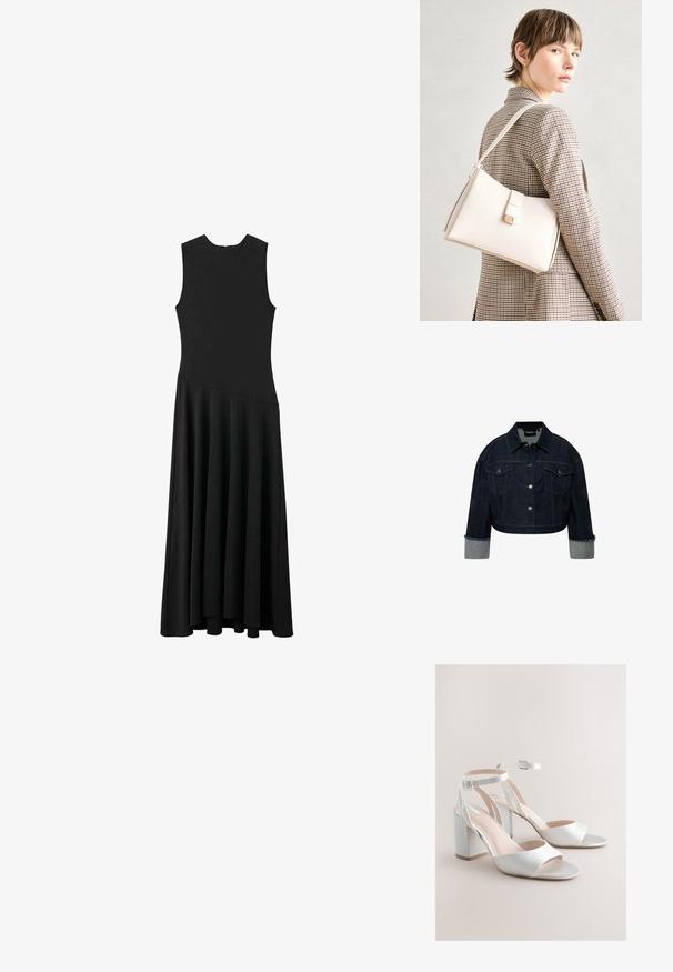 Chaqueta de mezclilla recortada en azul oscuro con cierre de botones, dos bolsillos en el pecho y puños enrollados en un azul más claro. Presenta detalles de costura dorada.; Vestido maxi negro sin mangas con un cuerpo ajustado y falda acampanada, que presenta una textura suave y un diseño minimalista, sin cierres visibles.; Sandalias blancas de tacón bloque con punta abierta, correas en el tobillo y hebillas plateadas sobre un fondo beige neutro.; Bolso de mano de cuero blanco con un diseño estructurado, que presenta un cierre magnético y una correa para el hombro, exhibido sobre un fondo neutro.