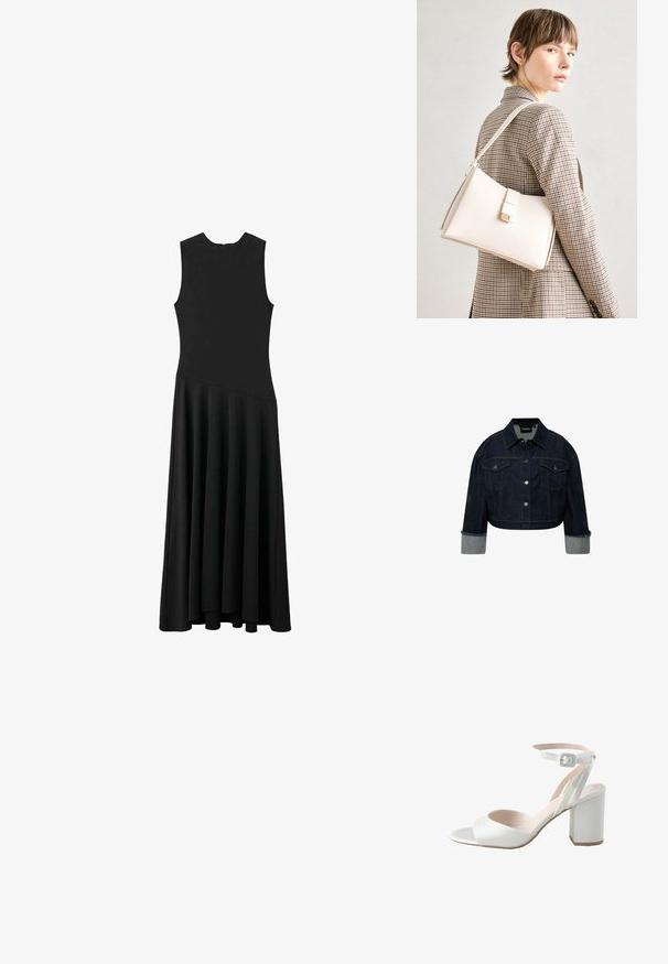 Afskåret denimjakke i mørkeblå med knaplukning, to brystlommer og oprevne lysere blå manchetter. Har detaljer i guldtråd.; Sort ærmeløs maxikjole med tætsiddende bærestykke og udvidet nederdel, der har en glat tekstur og minimalistisk design, uden synlige lukninger.; Hvide højhælede sandaler med en glat satin-overdel, bred blokhæl og ankelrem med en lille spænde. Glat i tekstur, minimalistisk design.; Hvid læder håndtaske med en struktureret design, der har en magnetlukning og en skulderrem, præsenteret mod en neutral baggrund.