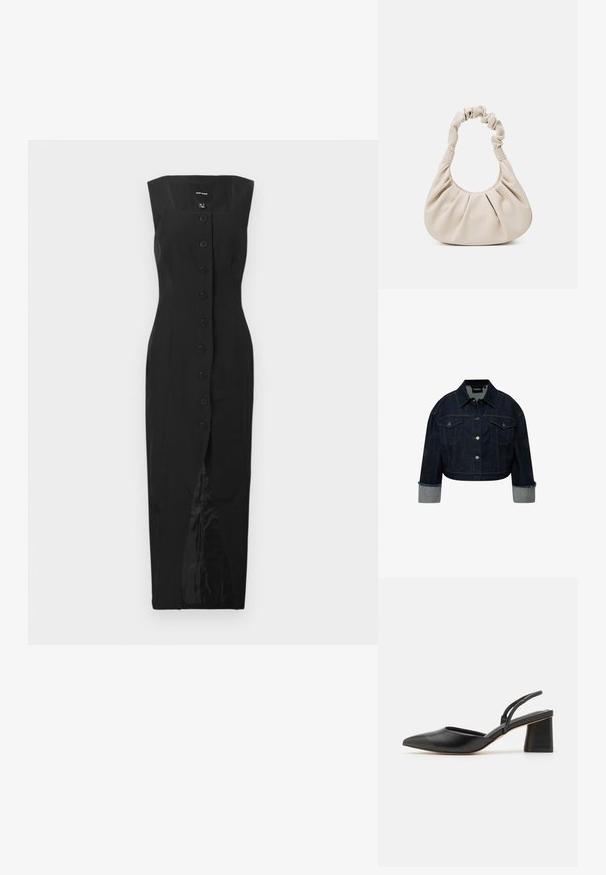 Kort denimjacka i mörkblått med knäppning, två bröstfickor och uppkavlade ljusare blå ärmar. Har detaljer med guldsöm.; Svart ärmlös midikjol med fyrkantig halsringning, framknappslå och mittslits, uppvisad mot en neutral vit bakgrund.; Svart spetsig slingback-sko i mjukt läder, med låg blockklack och tunna remmar bak för en säker passform.; Beige konstläderhandväska med en samlad handtag, plisserad kropp och mjuk textur. Kompakt och rundad form, designad för att bäras i handen eller på armen.