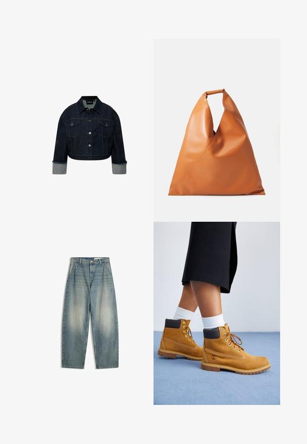 Afskåret denimjakke i mørkeblå med knaplukning, to brystlommer og oprevne lysere blå manchetter. Har detaljer i guldtråd.; Brun og mintgrøn argyle-mønsteret sweater lavet af blødt stof, med ribbet rund halsudskæring og lange ærmer.; Blå vide ben jeans med falmede farver, forneden lomme, bæltestropper, lynlås og knaplukning, lagt fladt på en hvid baggrund.; Tan ruskindsankelstøvler med brune læderdetaljer, guldøjer og en struktureret sål. Hvide sokker synlige over støvlerne.; Tan glat læder triangel håndtaske med kort rundet håndtag og blød, slasket struktur på en hvid baggrund.