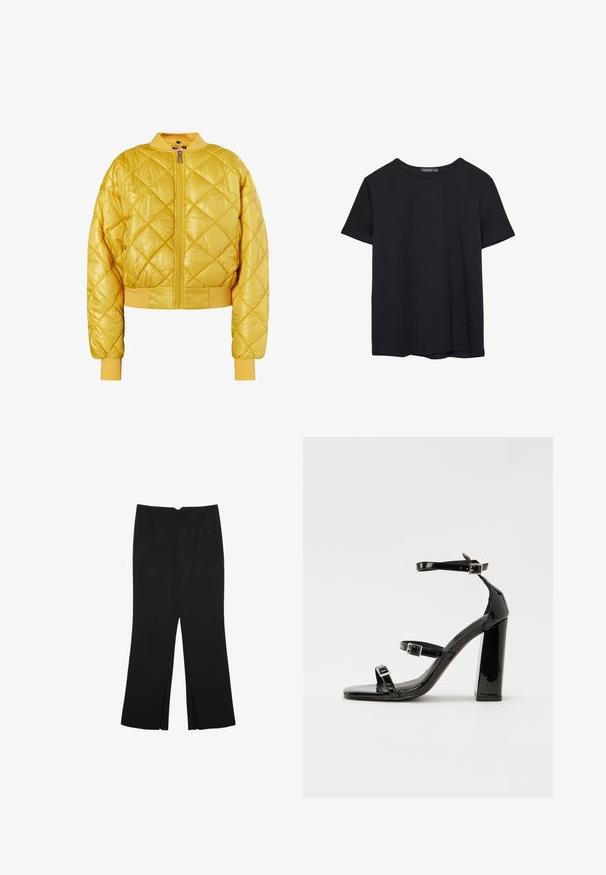 Gelbe, gesteppte Bomberjacke mit Reißverschluss, geripptem Kragen und Bündchen; glänzender Stoff mit verkürztem Schnitt und Rautenmuster.; Einfaches schwarzes T-Shirt aus Baumwolle mit kurzen Ärmeln und Rundhalsausschnitt, auf einem weißen Hintergrund dargestellt.; Schwarze Hose mit geradem Schnitt, ausgestattet mit Fronttaschen und Seitenschlitzen am Saum. Hergestellt aus weichem, glattem Stoff. Geeignet für verschiedene Anlässe.; Schwarze Lackleder-Sandalen mit hohen Absätzen, zwei Riemen mit Schnallen, quadratischer Zehenpartie und klobigem Blockabsatz, mit einer glatten, glänzenden Textur.