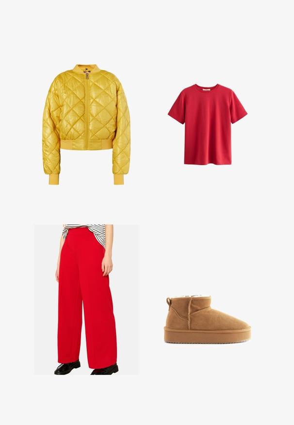 Kurtka bomber w kolorze żółtym, pikowana, z zamkiem z przodu, ribbanym kołnierzem i mankietami; błyszczący materiał, krótki krój i wzór w romby.; Czerwona koszulka z krótkim rękawem wykonana z bawełny, z dekoltem w serek, luźnym krojem i gładką fakturą, bez widocznych wzorów czy akcentów.; Szerokie spodnie w jasnoczerwonym materiale, z wysokim stanem i prostymi liniami. Materiał wydaje się gładki, w połączeniu z błyszczącymi czarnymi butami.; Brązowy zamszowy botek za kostkę z miękką podszewką, okrągłym noskiem i płaską gumową podeszwą. Posiada przeszywaną szew i uchwyt z tyłu.