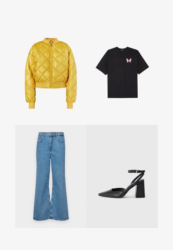 Quilted yellow bomber jacket with a zip front, ribbed collar, and cuffs; shiny fabric with a cropped design and diamond pattern.; Black cotton t-shirt with short sleeves, featuring a small pink butterfly graphic on the left chest. Crew neck design with a relaxed fit.; Light blue flared jeans made of denim, featuring a high waist, five pockets, and a single button closure. Soft texture with faded finish.; Black leather pointy-toe pump with an ankle strap and a chunky heel. Flat texture, sleek design, and minimalistic aesthetics.
