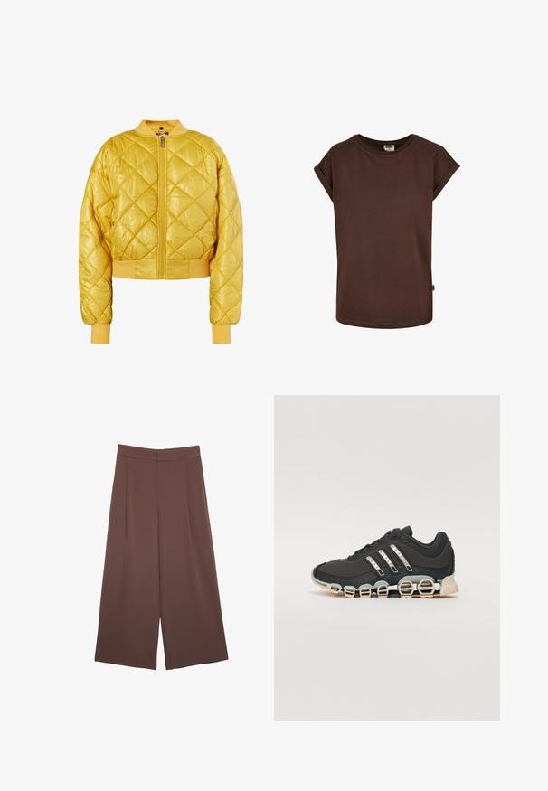 Prošívaná žlutá bomber bunda se zipem vpředu, žebrovaným límcem a manžetami; lesklá tkanina s cropped designem a diamantovým vzorem.; Hnědý bavlněný tričko s krátkými rukávy s ohrnutím, kulatým výstřihem a volným střihem. Na bočním švu se nachází malý štítek.; Hnědé široké kalhoty s hladkou texturou, vysokým pasem a předními záhyby. Materiál je lehký a volně splývá.; Černá atletická bota s texturovaným svrškem, třemi stříbrnými pruhy a výraznou odpruženou podrážkou se spoustou integrovaných sekcí.