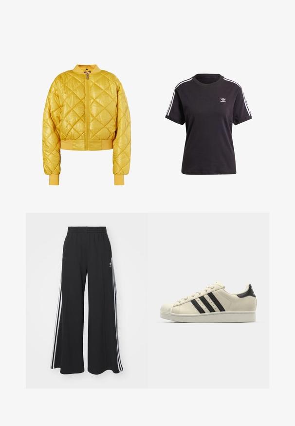 Kviltad gul bomberjacka med dragkedja framtill, ribbat krage och muddar; glänsande tyg med en kort design och diamants familj.; Svart bomullst-shirt med kort ärm och rund halsringning, prydd med vita ränder på axlarna och en liten vit Adidas-logotyp på bröstet.; Svarta vida sweatpants med elastisk midje, med vita sidosträck och en broderad logotyp på vänster lår.; Vita lädersneakers med svarta ränder, rund tå, gummisulor, texturerad ovandel och snörningssystem. Har logotyp på hälen.