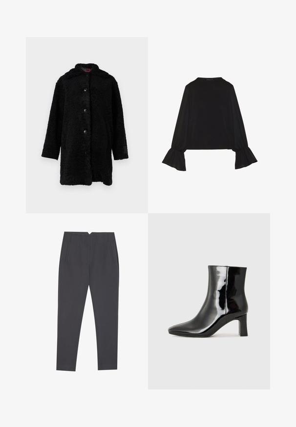 Casaco de peluche preto com uma textura suave e peluda, botões frontais e capuz. Corte solto com mangas longas e uma marcação subtil na manga.; Top preto de mangas longas com punhos largos, textura suave e um corte descontraído, com um simples decote redondo.; Calças cinza-escuras ajustadas com bolsos laterais e pregas frontais, desenhadas para um ajuste sob medida.; Botim de tornozelo em pele sintética preta com bico apontado e salto bloco de altura média. Textura suave e design minimalista.