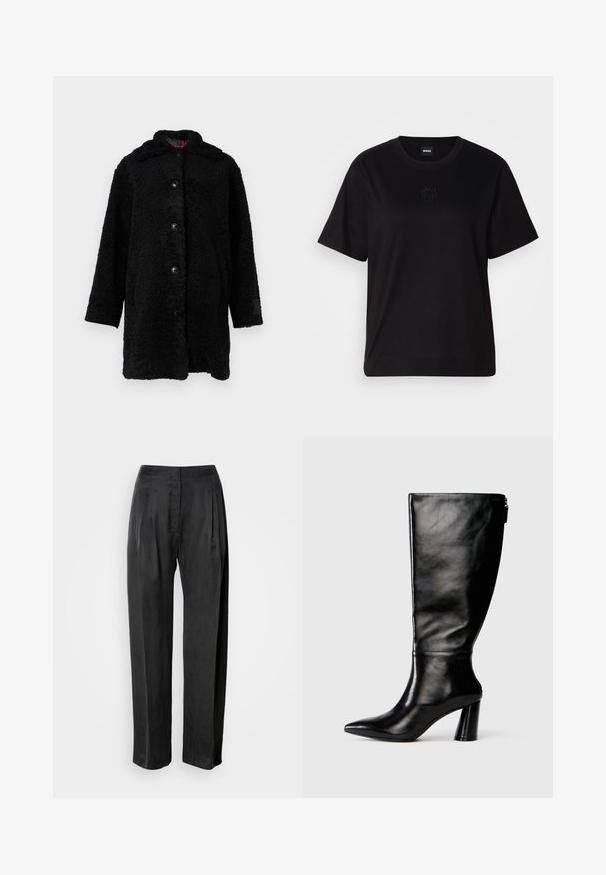 Fekete teddy kabát, puha, szőrös textúrával, elülső gombokkal és kapucnival. Laza fit, hosszú ujjak és diszkrét logó az ujjon.; Fekete pamut póló kerek nyakkivágással, rövid ujjakkal és hímzett logóval a mellkasán. Egyszerű, laza szabás, minta nélkül.; Fekete, széles szárú nadrág sima anyagból, elöl redőkkel, cipzáras elülső résszel és klasszikus derékrész kialakítással.; Térd fölé érő fekete bőr csizma hegyes orral, sima felülettel és vastag sarkal. A hátsó részen cipzár részlet található.