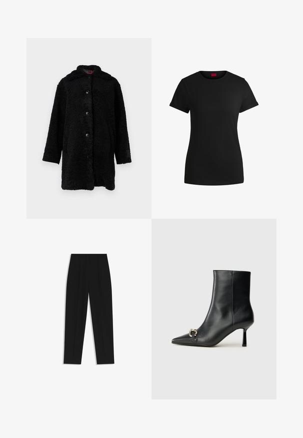 Sort teddyfrakke med blød, pelsagtig tekstur, knapper foran og hætte. Løs pasform med lange ærmer og diskret branding på ærmet.; Sort bomulds T-shirt med korte opklappede ærmer, rund halsudskæring og et rødt mærke. Glat tekstur, tætsiddende form med minimal detaljer.; Sorte bukser med lige pasform, der har dobbelte folder, en glat tekstur og et klassisk taljedesign. Ingen synlige hardware eller accenter.; Sort læder ankelstøvle med spidse tæer, slank hæl i mellemhøjde og sølvspænde detaljer på siden mod en ensfarvet baggrund.