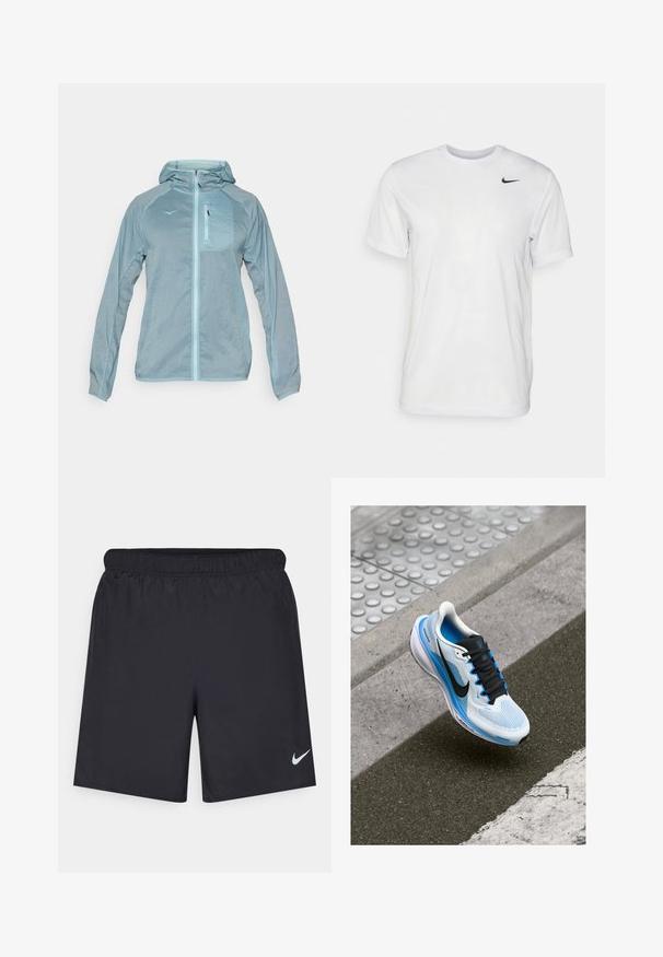 Svetlo modra, lahka jakna s sprednjim zadrgo, kapuco in žepom na prsih z zadrgo. Ima teksturirano tkanino z logotipom na prsih.; Bela kratka majica s kratkimi rokavi, izdelana iz gladkega materiala. Ima okroglo ovratnico in majhen črn Nike logotip na levi prsni strani.; Črne atletske kratke hlače iz lahkotnega materiala z elastičnim pasom. Imajo majhen bel Nike logo na spodnji levi strani.; Bela in modra tekaška športna obutev z črnimi vezalkami in Nikeovo ikono, ki lebdi nad asfaltom in robom pločnika.