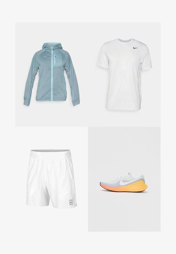 Giacca leggera blu chiaro con zip frontale, cappuccio e tasca sul petto con zip. Presenta un tessuto texturizzato con logo sul petto.; T-shirt bianco a maniche corte in tessuto morbido. Presenta un collo rotondo e un piccolo logo Nike nero sul lato sinistro del petto.; Pantaloni sportivi bianchi realizzati in tessuto leggero con vita elastica, dotati di due tasche laterali e un piccolo logo nero sull'orlo.; Scarpa da corsa azzurro chiaro con tomaia in mesh traspirante. Presenta uno swoosh bianco, una suola intermedia arancione e gialla, e una suola nera per una maggiore aderenza.
