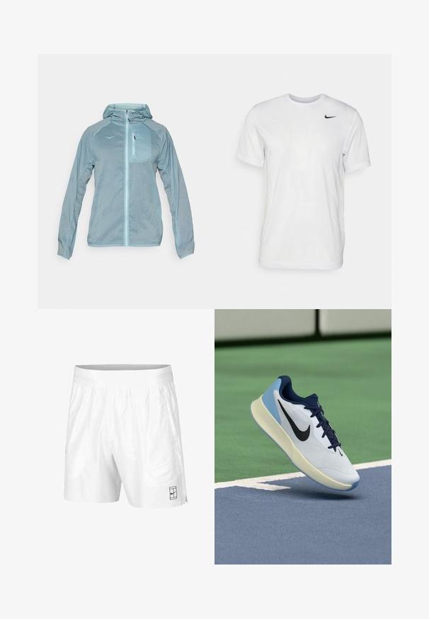 Veste légère bleu clair avec fermeture éclair à l'avant, capuche et poche poitrine zippée. Dotée d'un tissu texturé avec un logo sur la poitrine.; T-shirt blanc à manches courtes en tissu lisse. Il présente un col rond et un petit logo Nike noir sur la poitrine gauche.; Shorts de sport blancs en tissu léger avec une taille élastique, dotés de deux poches latérales et d'un petit logo noir au bas.; Baskets blanches avec des accents marins, une tige respirante, une semelle texturée et un talon bleu clair, affichant un design moderne et épuré.
