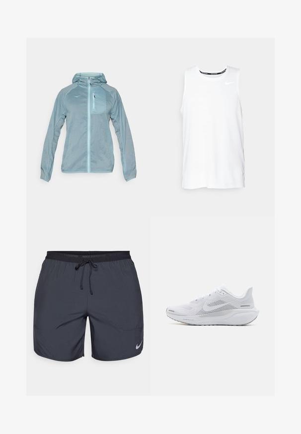 Light blue, lightweight jacket with a front zipper, hood, and zippered chest pocket. Features textured fabric with a logo on the chest.; White sleeveless Nike running top with a round neckline, smooth texture, and black Nike logo on the upper left chest.; Nike running shorts in dark gray, featuring an elastic waistband with a drawstring and a silver logo accent on the lower right leg.; White athletic shoe with a mesh upper, smooth textured overlays, grey accents, laces, and a cushioned sole designed for performance.