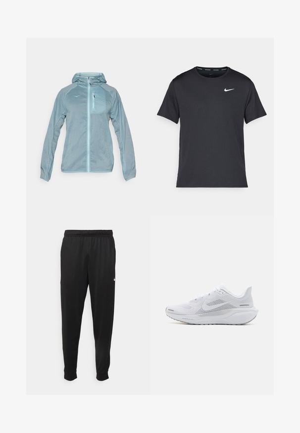 Giacca leggera blu chiaro con zip frontale, cappuccio e tasca sul petto con zip. Presenta un tessuto texturizzato con logo sul petto.; Maglietta da corsa Nike nera realizzata in materiale leggero e traspirante, con maniche corte e un piccolo logo bianco sul petto.; Pantaloni sportivi neri realizzati in tessuto liscio, con una vita elastica, gambe affusolate e un piccolo logo bianco sul lato sinistro.; Scarpa sportiva bianca con tomaia in rete, sovrapposizioni a trama liscia, accenti grigi, lacci e una suola ammortizzata progettata per le prestazioni.